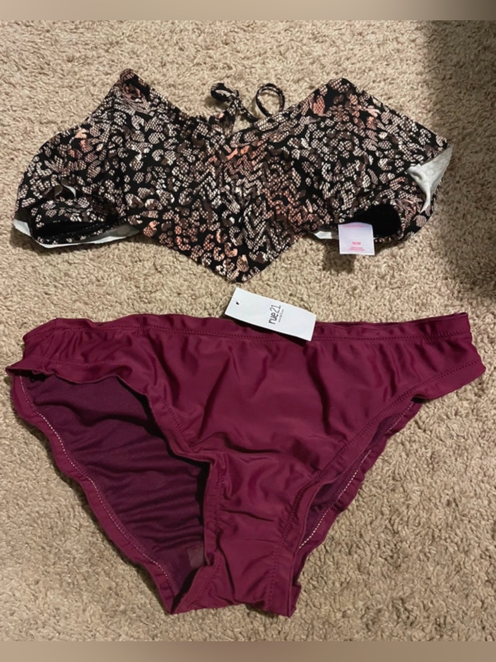Two-Piece Bikini Set with Black Brown & Mauve Prints